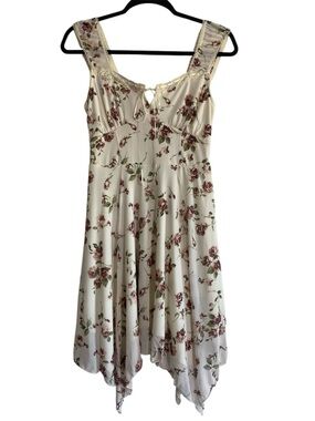 Floral Cottagecore Dress Cream Rose Print Lace Trim Handkerchief Hem Small